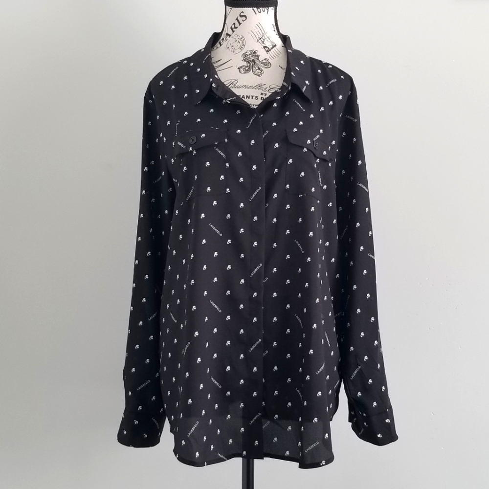 Karl Lagerfeld Black and White Sheer Logo Blouse XL